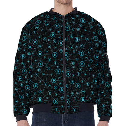 Blue Bitcoin Pattern Print Zip Sleeve Bomber Jacket