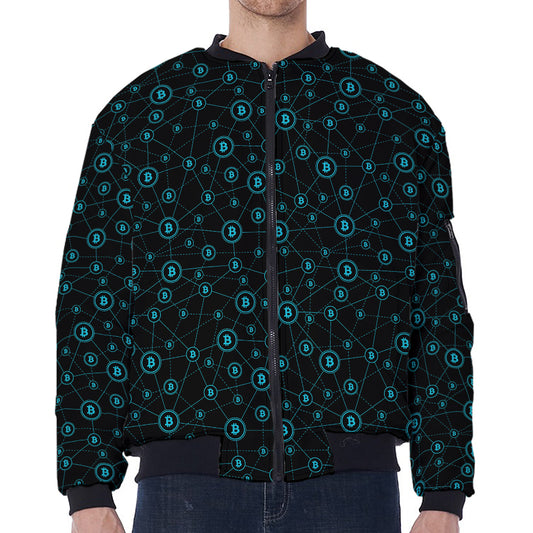 Blue Bitcoin Pattern Print Zip Sleeve Bomber Jacket