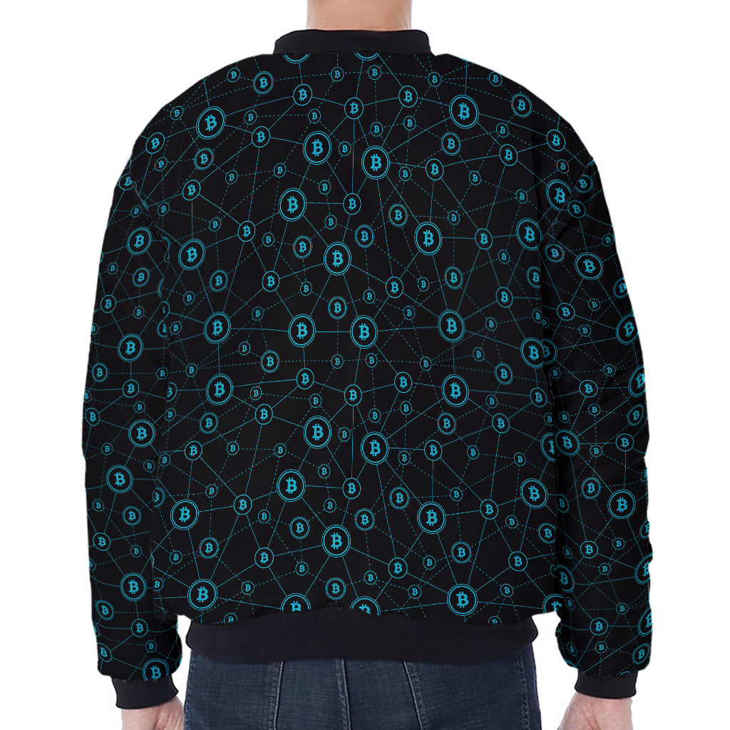 Blue Bitcoin Pattern Print Zip Sleeve Bomber Jacket