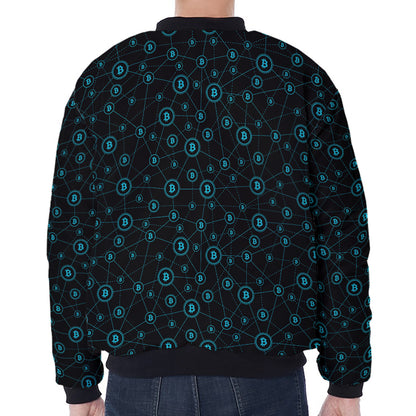 Blue Bitcoin Pattern Print Zip Sleeve Bomber Jacket