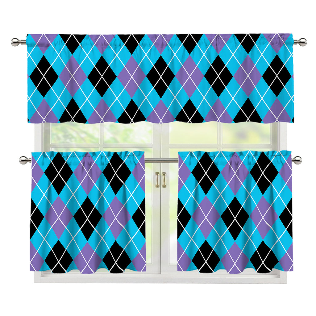 Blue Black And Purple Argyle Print 3 Piece Kitchen Curtains