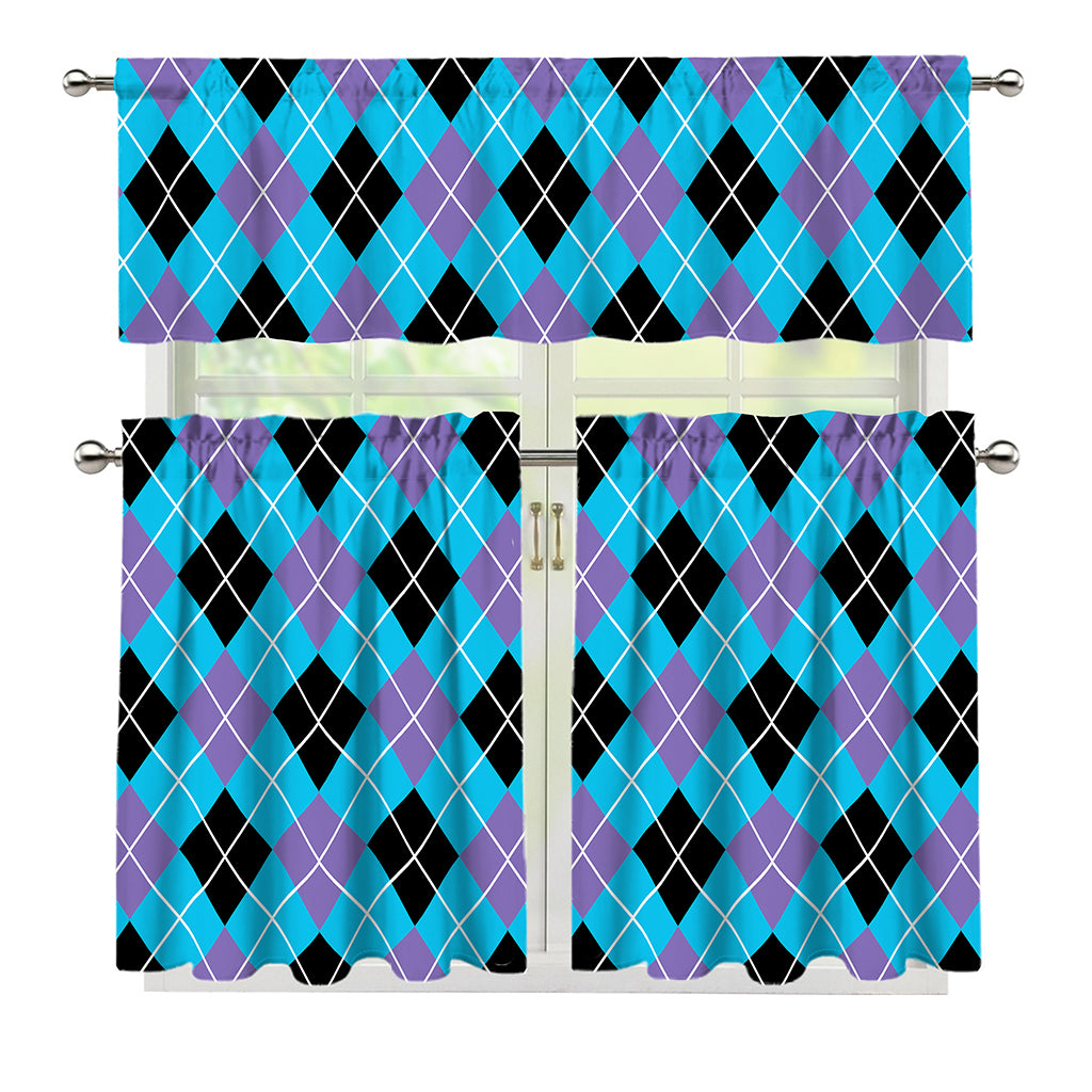 Blue Black And Purple Argyle Print 3 Piece Kitchen Curtains