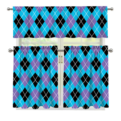 Blue Black And Purple Argyle Print 3 Piece Kitchen Curtains