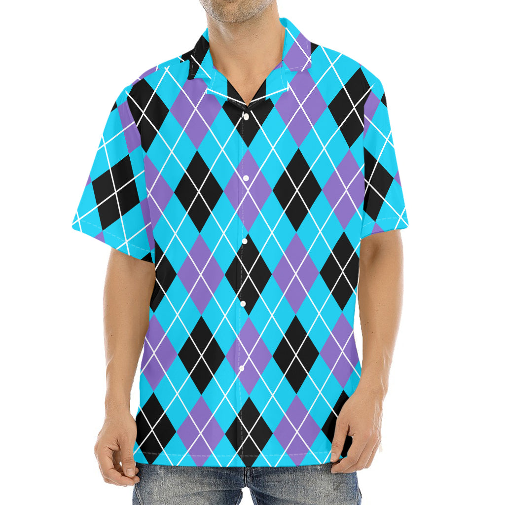 Blue Black And Purple Argyle Print Aloha Shirt