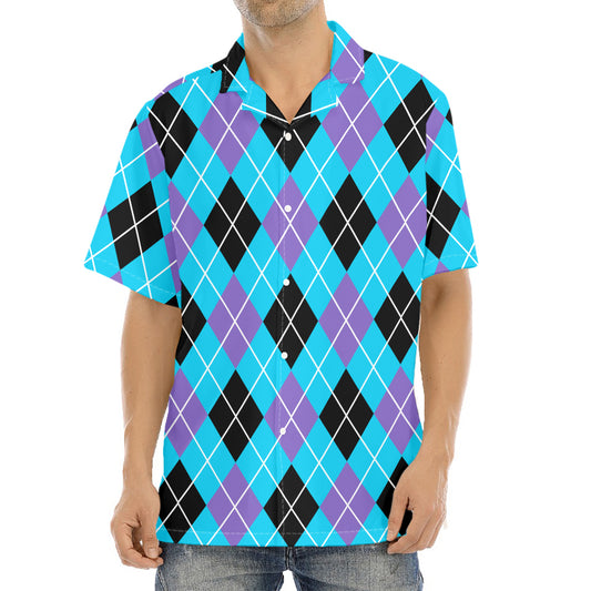 Blue Black And Purple Argyle Print Aloha Shirt