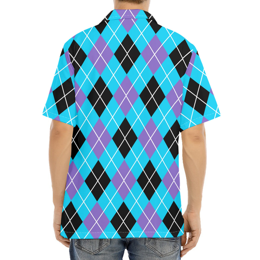 Blue Black And Purple Argyle Print Aloha Shirt