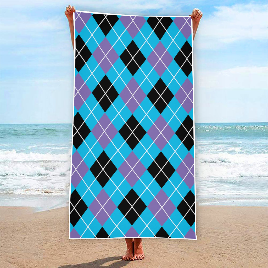 Blue Black And Purple Argyle Print Beach Towel