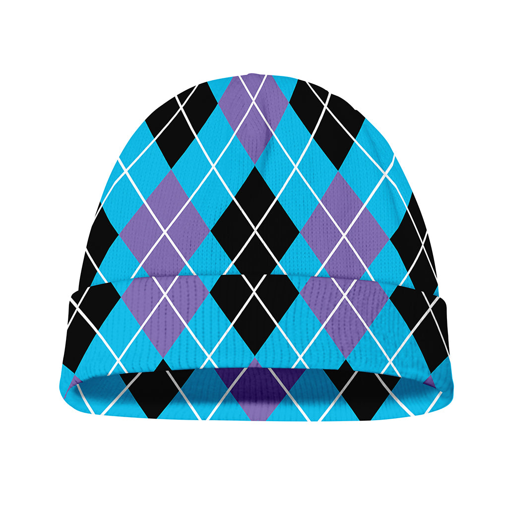 Blue Black And Purple Argyle Print Beanie