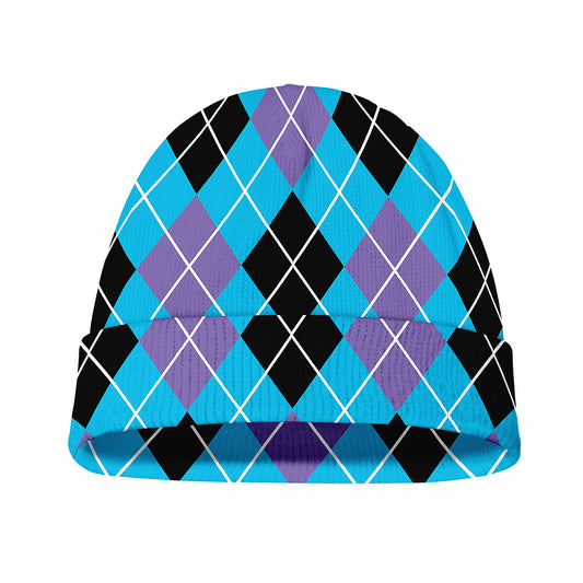 Blue Black And Purple Argyle Print Beanie