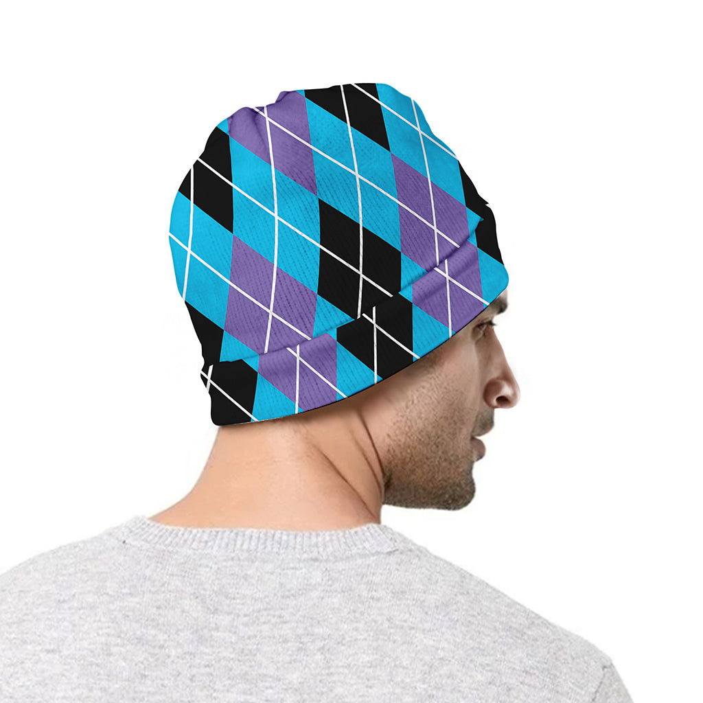Blue Black And Purple Argyle Print Beanie