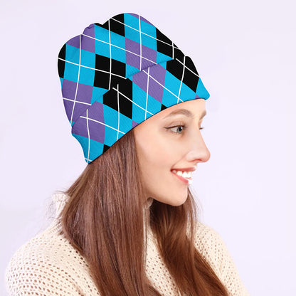 Blue Black And Purple Argyle Print Beanie