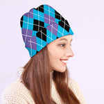 Blue Black And Purple Argyle Print Beanie