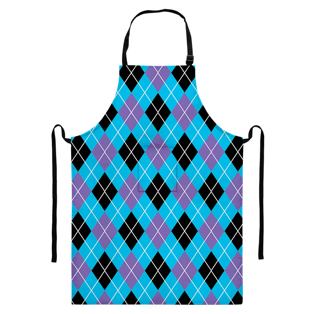 Blue Black And Purple Argyle Print Bib Apron With Pocket