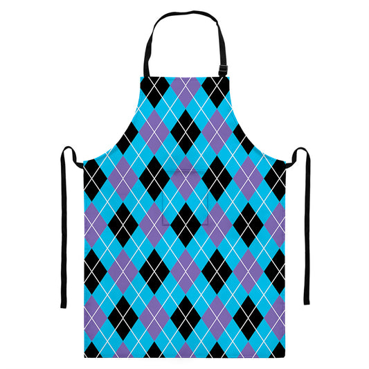 Blue Black And Purple Argyle Print Bib Apron With Pocket