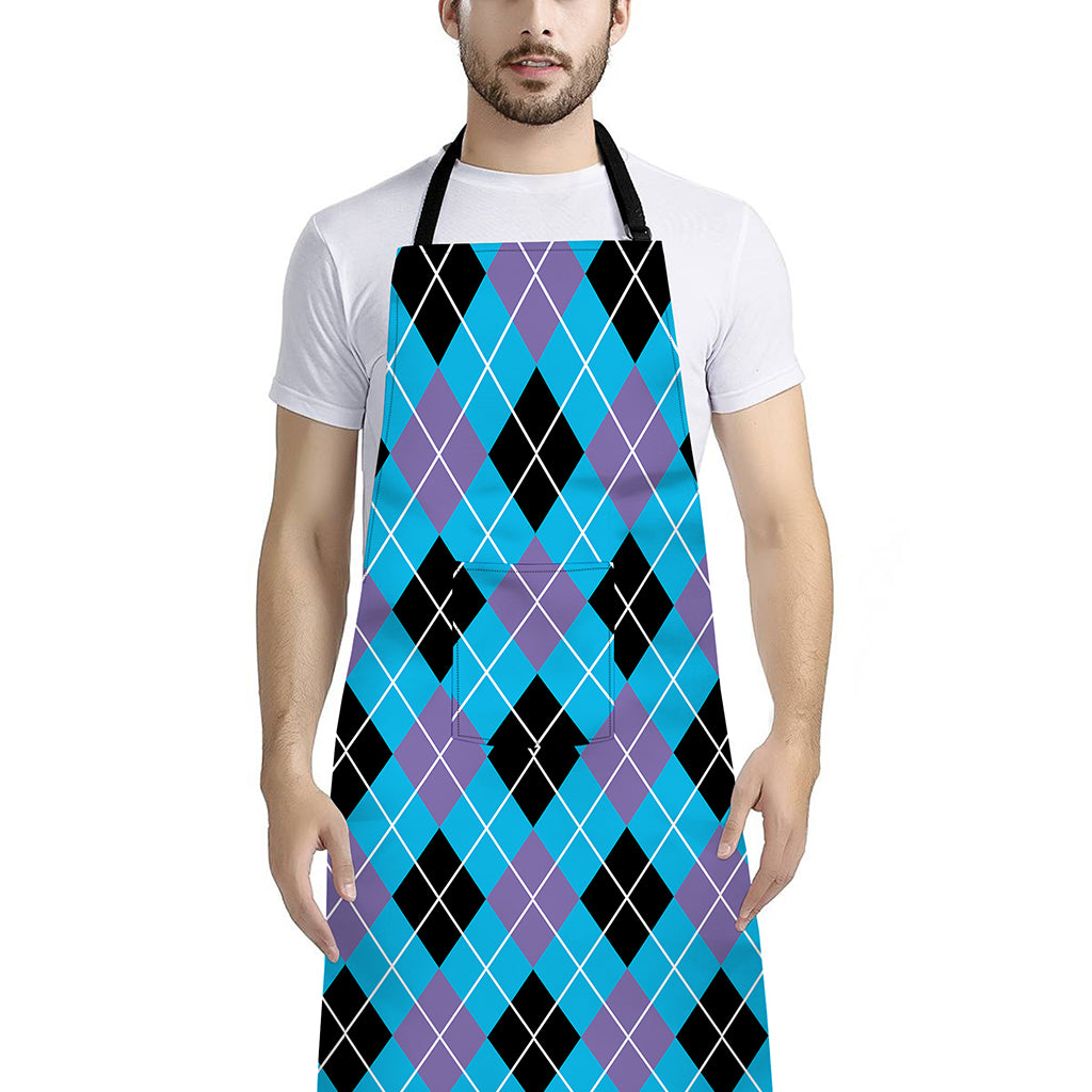 Blue Black And Purple Argyle Print Bib Apron With Pocket