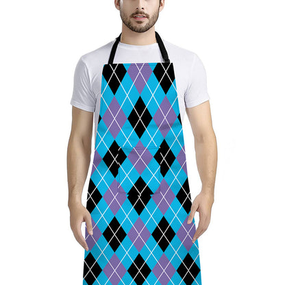 Blue Black And Purple Argyle Print Bib Apron With Pocket