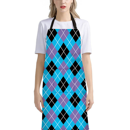 Blue Black And Purple Argyle Print Bib Apron With Pocket
