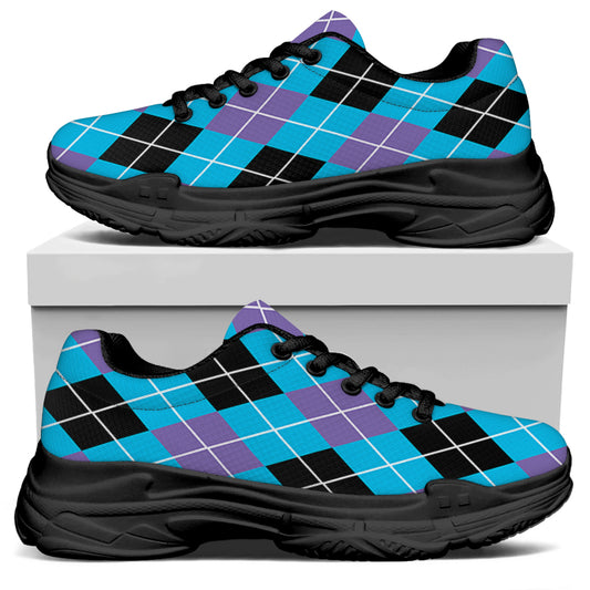 Blue Black And Purple Argyle Print Black Chunky Shoes