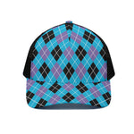 Blue Black And Purple Argyle Print Black Mesh Trucker Cap