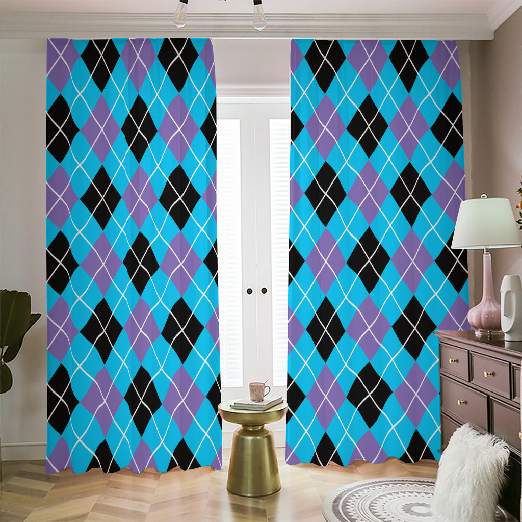 Blue Black And Purple Argyle Print Blackout Pencil Pleat Curtains