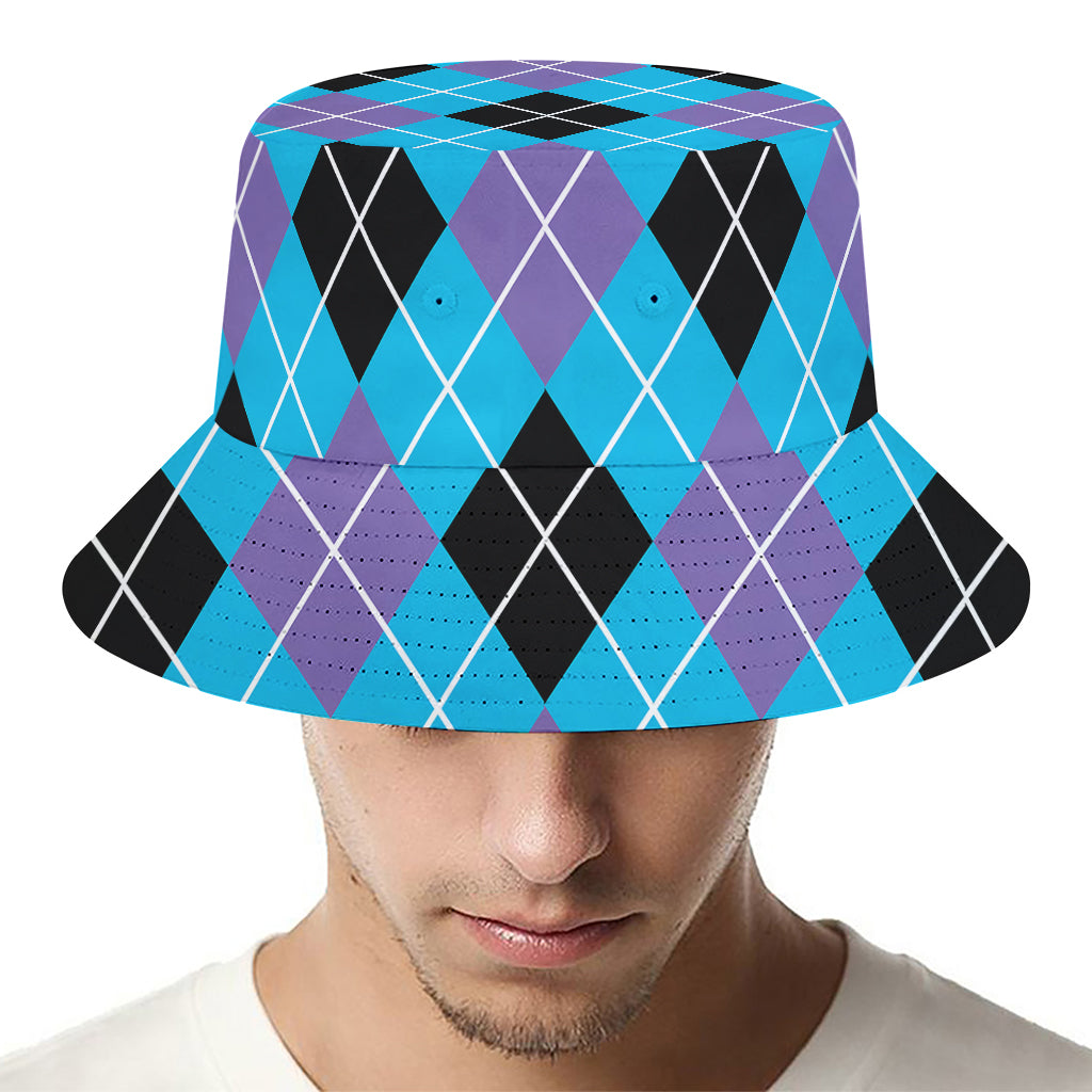 Blue Black And Purple Argyle Print Bucket Hat