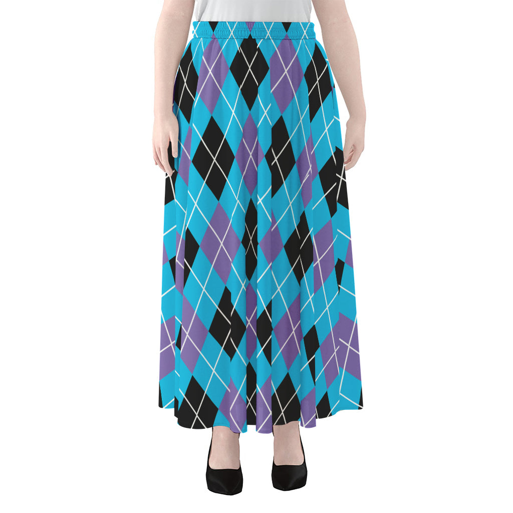 Blue Black And Purple Argyle Print Chiffon Maxi Skirt