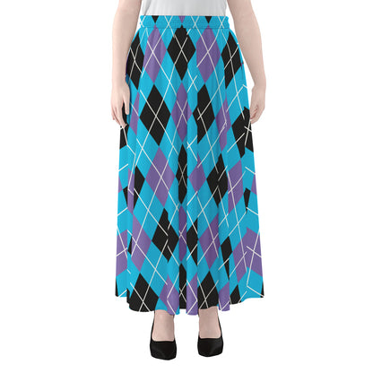 Blue Black And Purple Argyle Print Chiffon Maxi Skirt