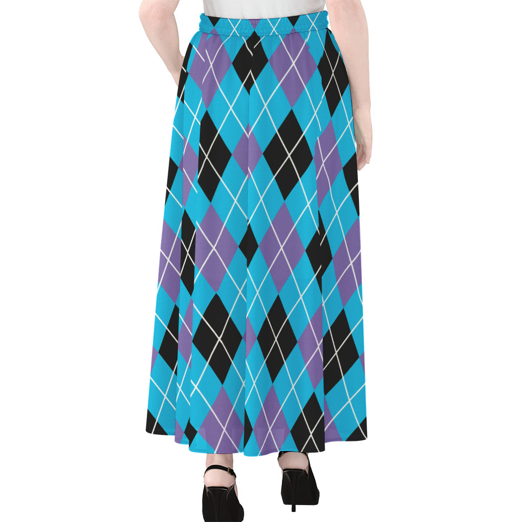 Blue Black And Purple Argyle Print Chiffon Maxi Skirt