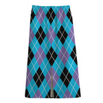 Blue Black And Purple Argyle Print Cotton Front Slit Maxi Skirt