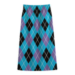 Blue Black And Purple Argyle Print Cotton Front Slit Maxi Skirt