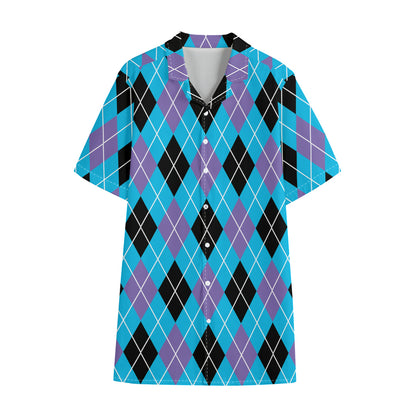 Blue Black And Purple Argyle Print Cotton Hawaiian Shirt