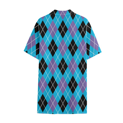 Blue Black And Purple Argyle Print Cotton Hawaiian Shirt