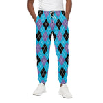 Blue Black And Purple Argyle Print Cotton Pants