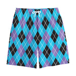 Blue Black And Purple Argyle Print Cotton Shorts