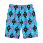 Blue Black And Purple Argyle Print Cotton Shorts