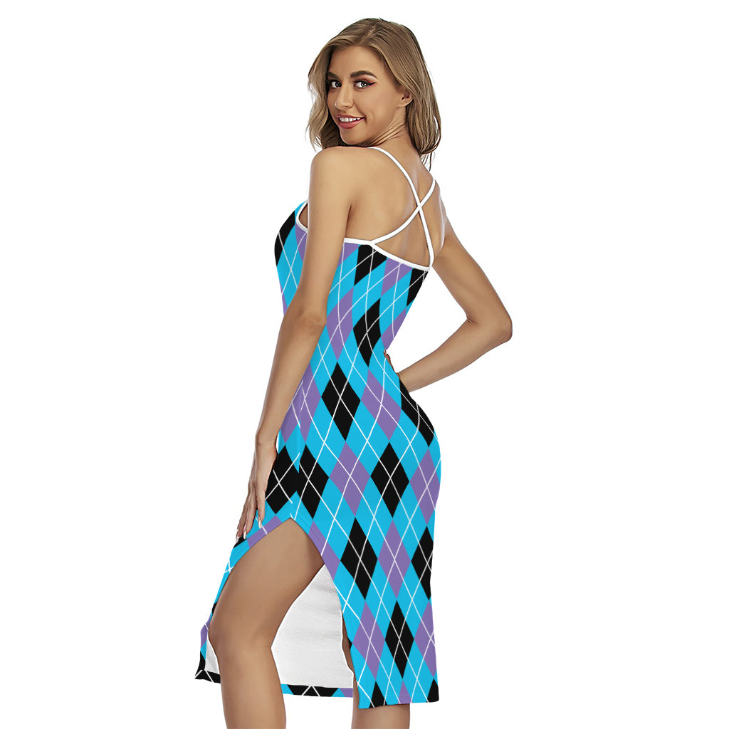 Blue Black And Purple Argyle Print Cross Back Cami Dress