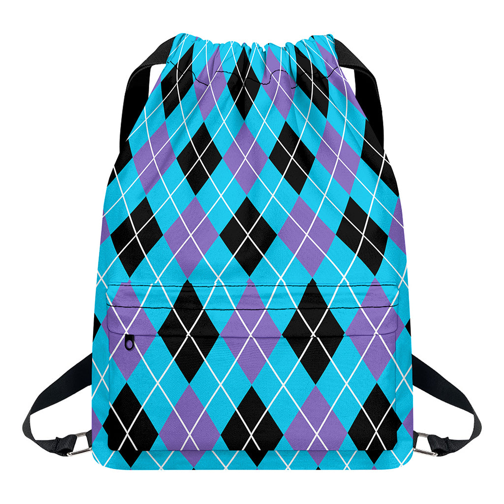 Blue Black And Purple Argyle Print Drawstring Backpack