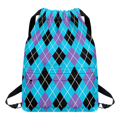 Blue Black And Purple Argyle Print Drawstring Backpack