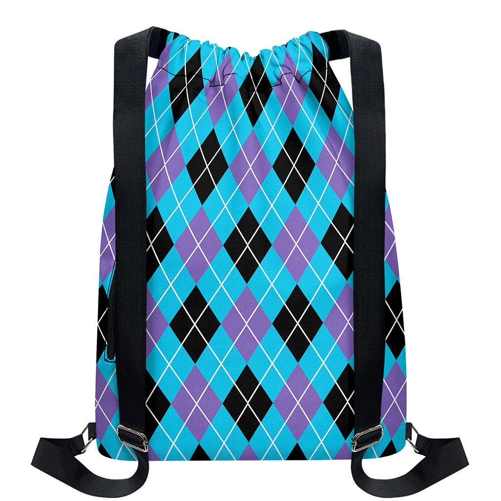 Blue Black And Purple Argyle Print Drawstring Backpack
