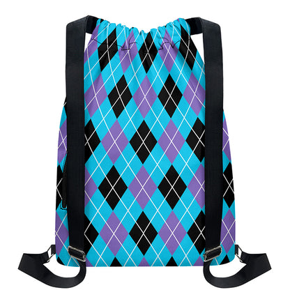 Blue Black And Purple Argyle Print Drawstring Backpack