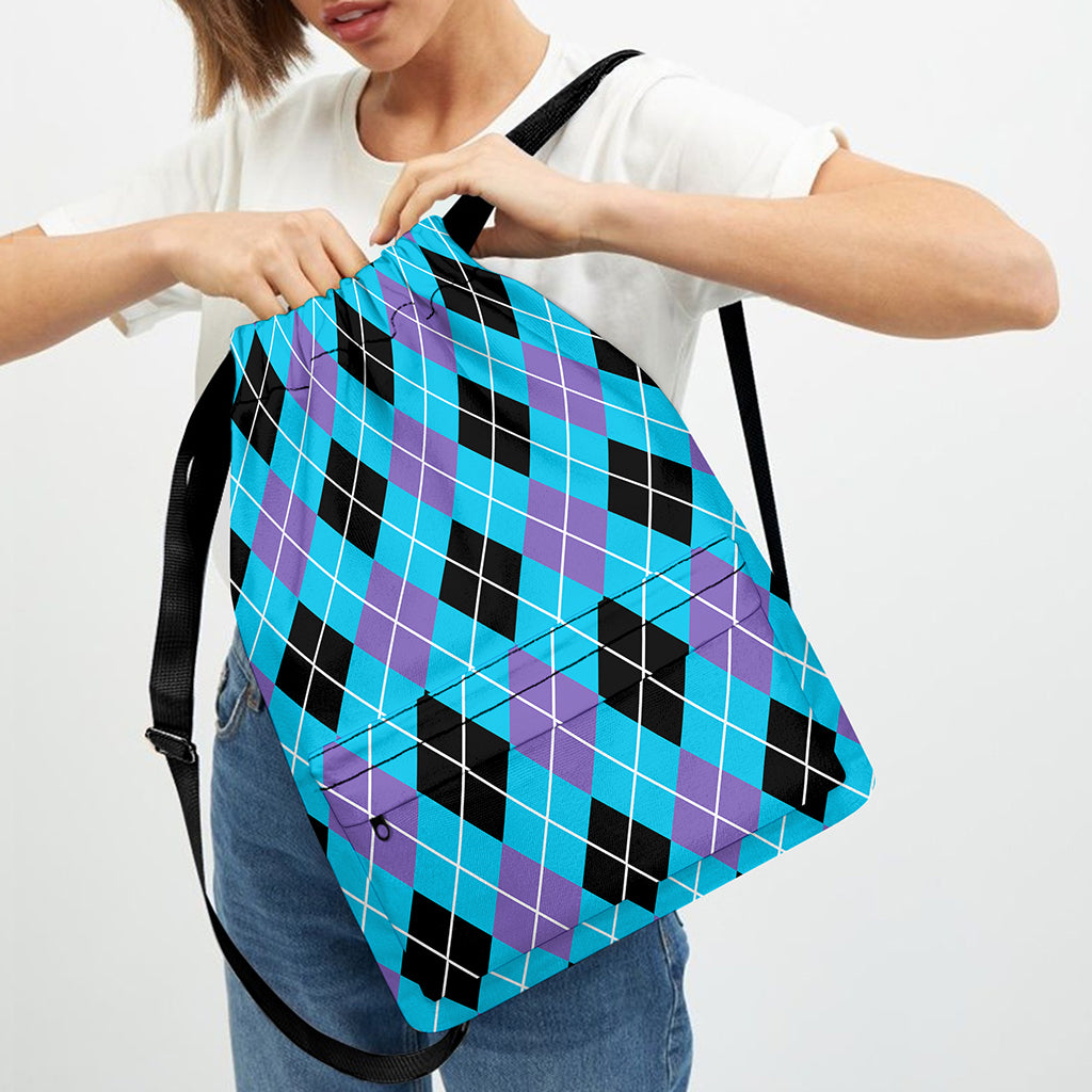 Blue Black And Purple Argyle Print Drawstring Backpack