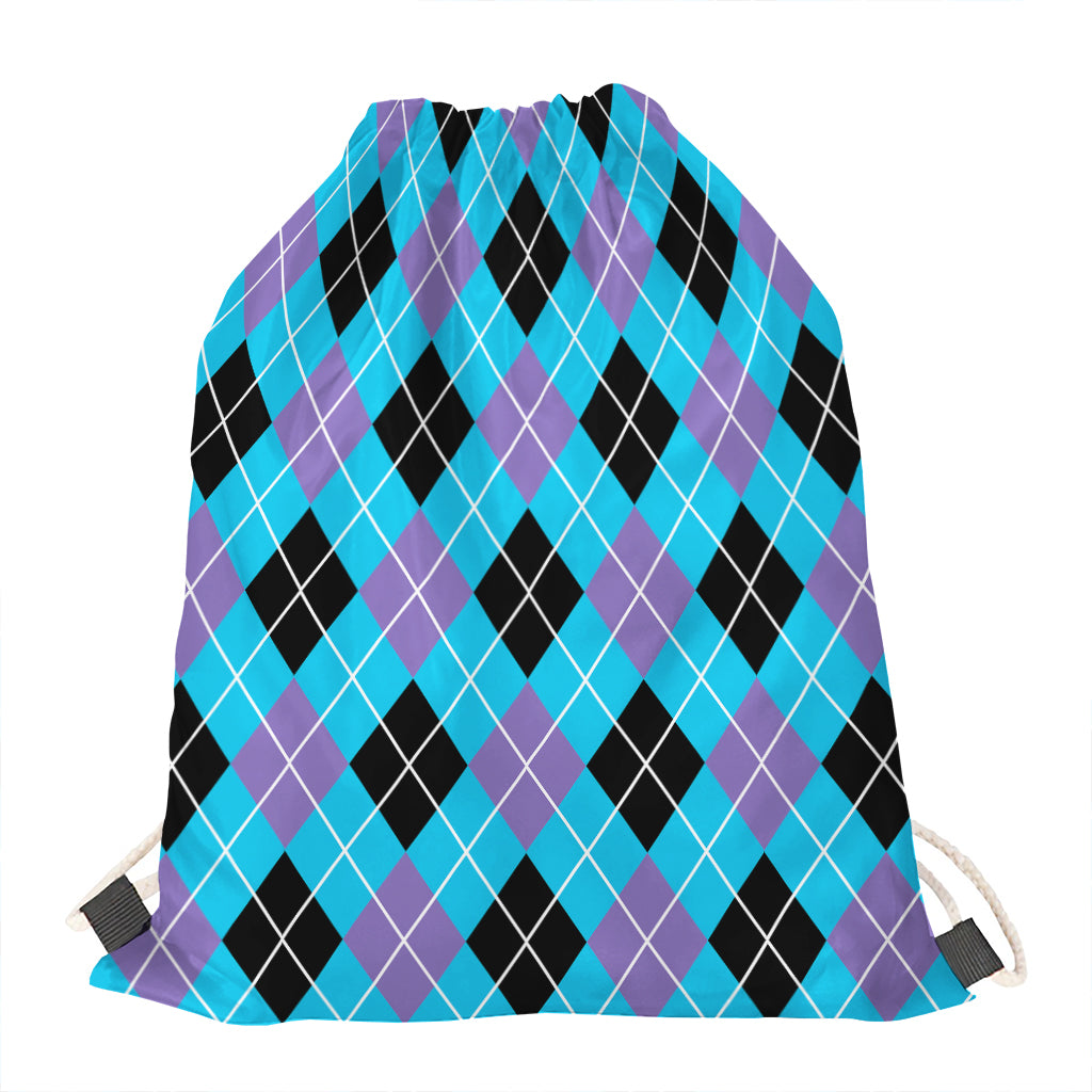 Blue Black And Purple Argyle Print Drawstring Bag