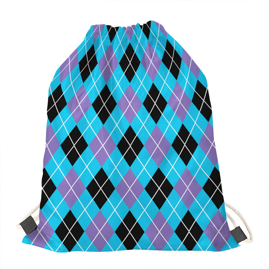 Blue Black And Purple Argyle Print Drawstring Bag