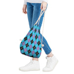 Blue Black And Purple Argyle Print Drawstring Bag