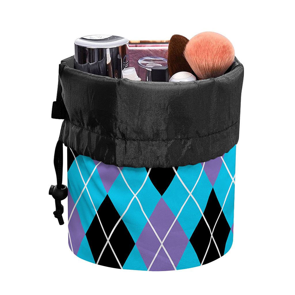 Blue Black And Purple Argyle Print Drawstring Makeup Bag