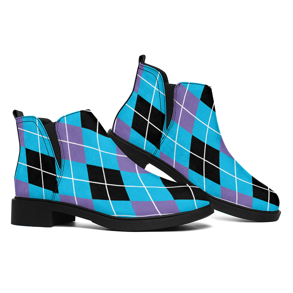 Blue Black And Purple Argyle Print Flat Ankle Boots