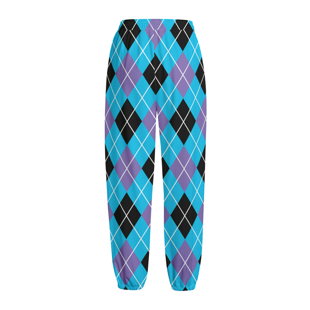Blue Black And Purple Argyle Print Fleece Lined Knit Pants