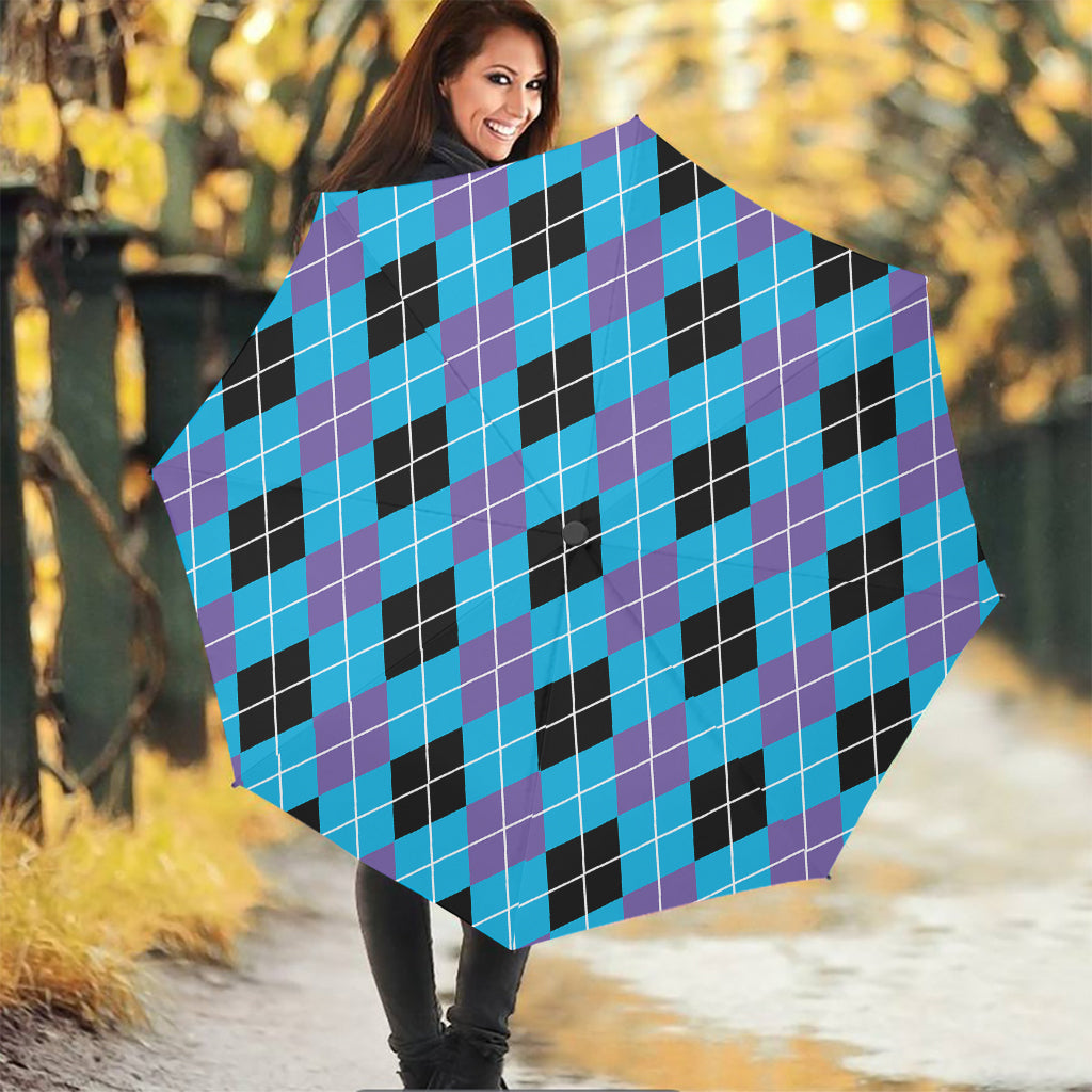 Blue Black And Purple Argyle Print Foldable Umbrella