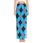 Blue Black And Purple Argyle Print High Slit Maxi Skirt