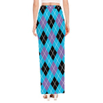 Blue Black And Purple Argyle Print High Slit Maxi Skirt